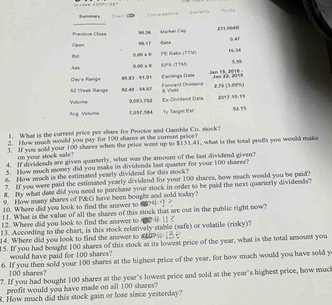 At co@e 4:00P EST
Summary Chai Converaations (ρ1(st)cs Prafle
_
Previous Close 90.36 Market Cap 231.904B
Open Beta 0.47
90.17
Bid PE Ratio (TTM) 16.34
0.00* 0
Ask EPS (TTM) 5.59
0.00* 0
Day's Range 89.83-91.91 Earnings Data Jan 18, 2018 
Jan 22, 2018
52 Week Range 62.48-94.67 Forward Dividend 2.76 (3.09%)
& Yield
Volume 9,003,702 Ex-Dividend Date 2017-10-19
Avg Volume 7,057,584 1y Target Est 92.15
1. What is the current price per share for Proctor and Gamble Co. stock?
2. How much would you pay for 100 shares at the current price?
3. If you sold your 100 shares when the price went up to $131.41, what is the total profit you would make
on your stock sale?
4. If dividends are given quarterly, what was the amount of the last dividend given?
5. How much money did you make in dividends last quarter for your 100 shares?
6. How much is the estimated yearly dividend for this stock?
7. If you were paid the estimated yearly dividend for your 100 shares, how much would you be paid?
8. By what date did you need to purchase your stock in order to be paid the next quarterly dividends?
9. How many shares of P&G have been bought and sold today?
10. Where did you look to find the answer to a?
11. What is the value of all the shares of this stock that are out in the public right now?
12. Where did you look to find the answer to
13. According to the chart, is this stock relatively stable (safe) or volatile (risky)?
14. Where did you look to find the answer to #10?
15. If you had bought 100 shares of this stock at its lowest price of the year, what is the total amount you
would have paid for 100 shares?
6. If you then sold your 100 shares at the highest price of the year, for how much would you have sold y
100 shares?
7. If you had bought 100 shares at the year’s lowest price and sold at the year’s highest price, how much
profit would you have made on all 100 shares?
8. How much did this stock gain or lose since yesterday?