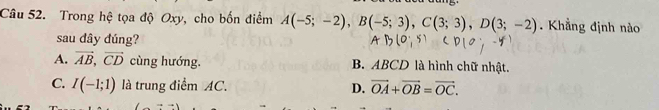 Trong hệ tọa độ Oxy, cho bốn điểm A(-5;-2), B(-5;3), C(3;3), D(3;-2) Khẳng định nào
sau dây đúng?
A. vector AB, vector CD cùng hướng. B. ABCD là hình chữ nhật.
C. I(-1;1) là trung điểm AC. D. vector OA+vector OB=vector OC.