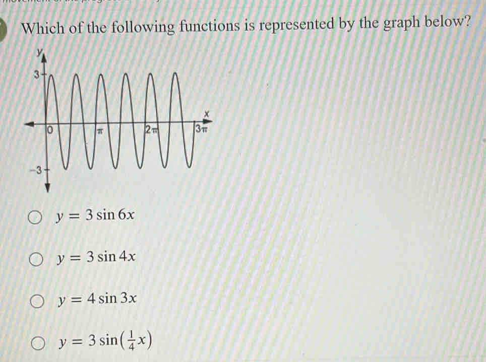 Which of the following functions is represented by the graph below?
y=3sin 6x
y=3sin 4x
y=4sin 3x
y=3sin ( 1/4 x)