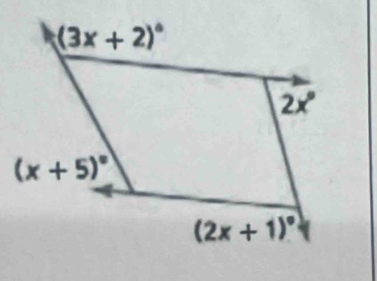 (3x+2)^circ 
2x°
(x+5)^circ 
(2x+1)^circ 