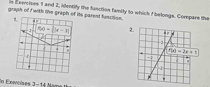 In Exercises 1 and 2, identify the function family to which f belongs. Compare the
graph of f with the graph of its parent function.
2
In Exercises 3-14 Name t