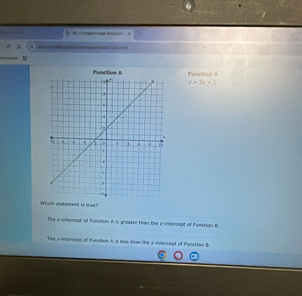 gC Compani inear tenctions N
FuFunction B
y=2x+1
Which statement is true?
The y-intercept of Function A is greater than the y-intercept of Function B.
The y-intercept of Function A is less than the y-intercept of Function B.