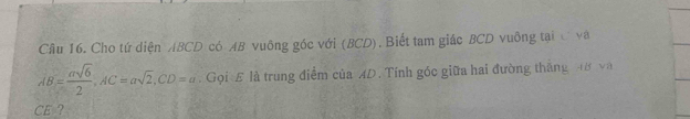 Cho tứ diện ABCD có AB vuông góc với (BCD), Biết tam giác BCD vuông tại và
AB= asqrt(6)/2 , AC=asqrt(2), CD=a Gọi E là trung điểm của AD. Tính gốc giữa hai đường tháng 4B v 
CE ?