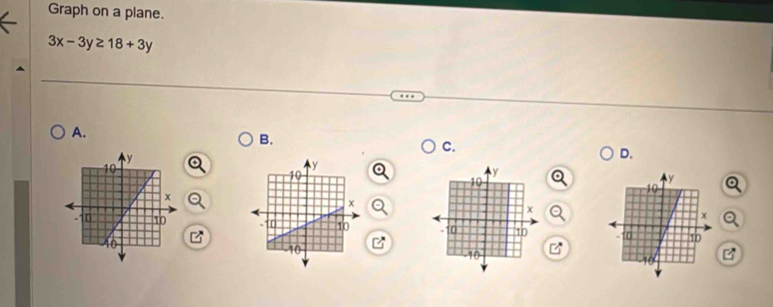 Graph on a plane.
3x-3y≥ 18+3y
A. 
B. 
C. 
D.