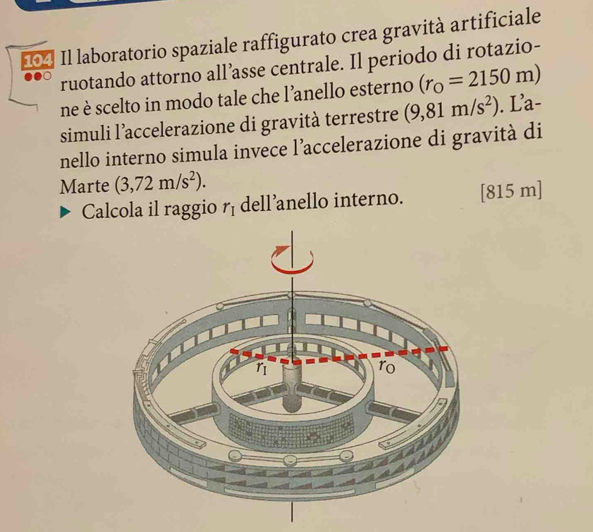 [] Il laboratorio spaziale raffigurato crea gravità artificiale 
ruotando attorno all’asse centrale. Il periodo di rotazio- 
ne è scelto in modo tale che l’anello esterno (r_0=2150m)
simuli l’accelerazione di gravità terrestre (9,81m/s^2). La- 
nello interno simula invece l’accelerazione di gravità di 
Marte (3,72m/s^2). 
Calcola il raggio r_I dell’anello interno. [815 m]