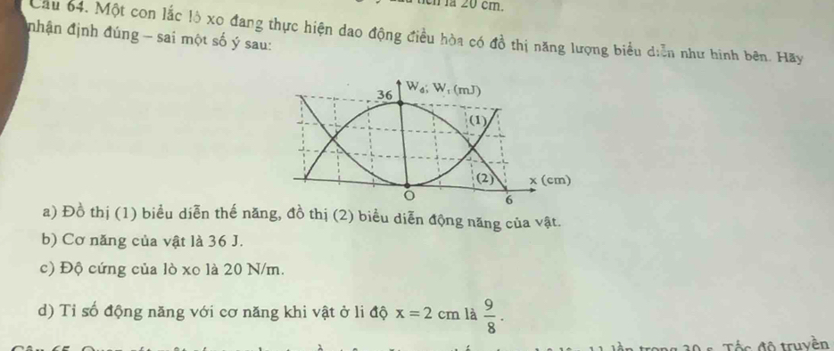 hch là 20 cm.
Cầu 64. Một con lắc lô xo đang thực hiện dao động điều hòa có d_0^(1
nhận định đúng - sai một số ý sau: thị năng lượng biểu diễn như hình bên. Hãy
a) Đồ thị (1) biểu diễn thế năng, đồ thị (2) biểu diễn động năng của vật.
b) Cơ năng của vật là 36 J.
c) Độ cứng của lò xo là 20 N/m.
d) Tỉ số động năng với cơ năng khi vật ở li độ x=2 cm là frac 9)8·
ố c  đ ộ truyền