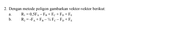 Dengan metode poligon gambarkan vektor-vektor berikut: 
a. R_1=0,5F_A-F_B+F_C+F_D+F_E
b. R_2=-F_A+F_B-1/2F_C-F_D+F_E