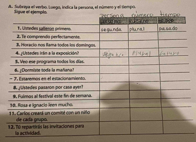 Subraya el verbo. Luego, indica la persona, el número y el tiempo.