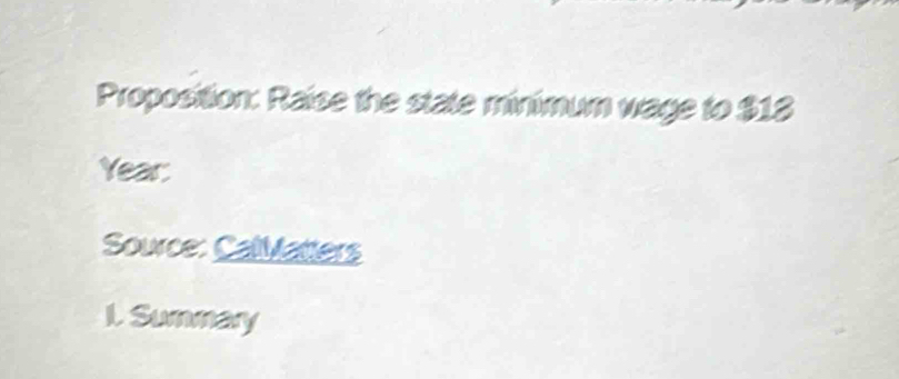 Proposition: Raise the state minimum wage to $13
Year:
Source: CalMatters
I. Sunnary