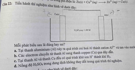 trong pin điện là: Zn(s)+Cu^(2+)(aq)- to Zn^(2+)(aq)+Cu(s). 
Câu 22: Tiến hành thí nghiệm như hình vẽ dưới đây:
Mỗi phát biểu sau là đúng hay sai?
a. Tại thanh aluminium (Al) xảy ra quá trình oxi hoá Al thành cation Al^(3+) và tan vào nướ
b. Các electron chuyển từ thanh Al sang thanh copper (Cu) qua dây dẫn.
c. Tại thanh Al và thanh Cu đều có quá trình khử ion H^+ thành khí H_2.
d. Nồng độ H_2SO_4 trong dung dịch không thay đổi trong quá trình thí nghiệm.
như hình vẽ dưới đây: