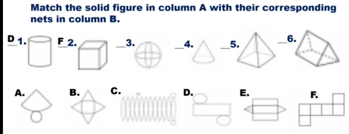 Match the solid figure in column A with their corresponding
nets in column B.
D123. _4. _5
F
_
A.
C. D. E.
F.