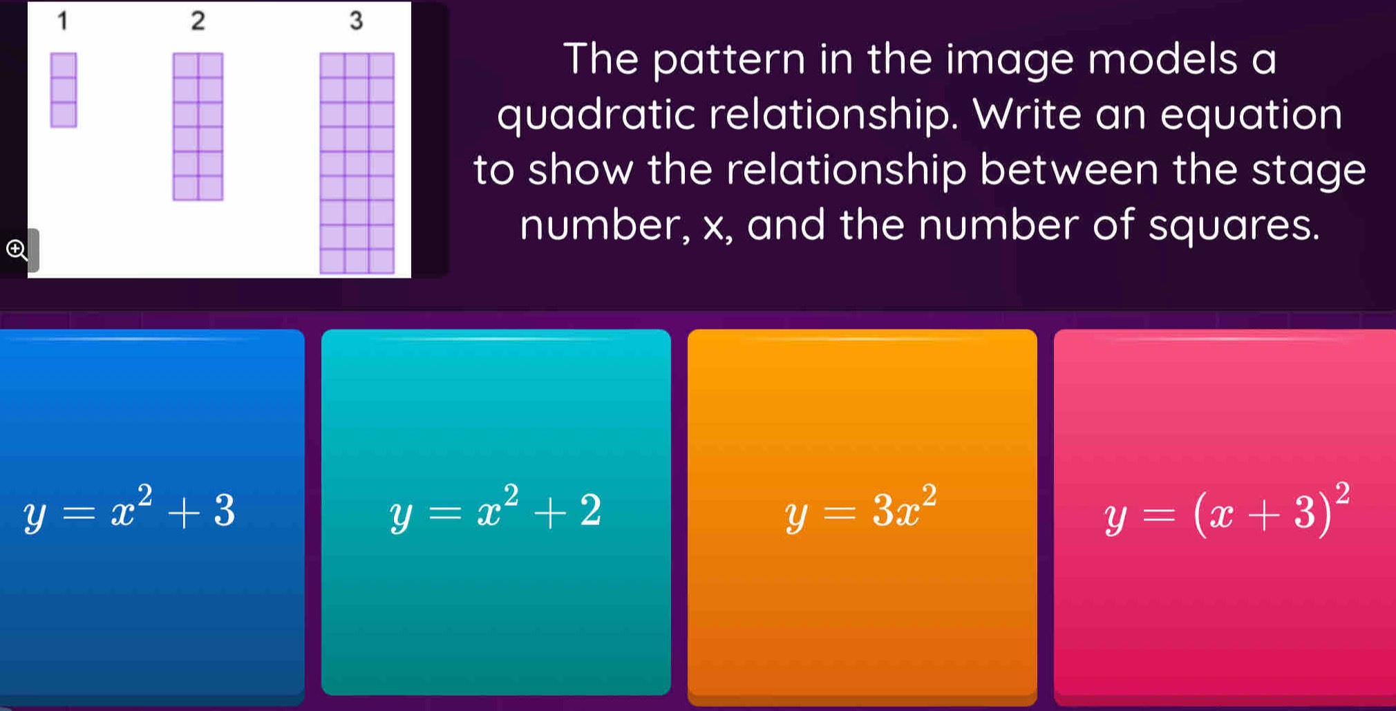 1
2
3
The pattern in the image models a
quadratic relationship. Write an equation
to show the relationship between the stage

number, x, and the number of squares.
y=x^2+3
y=x^2+2
y=3x^2
y=(x+3)^2