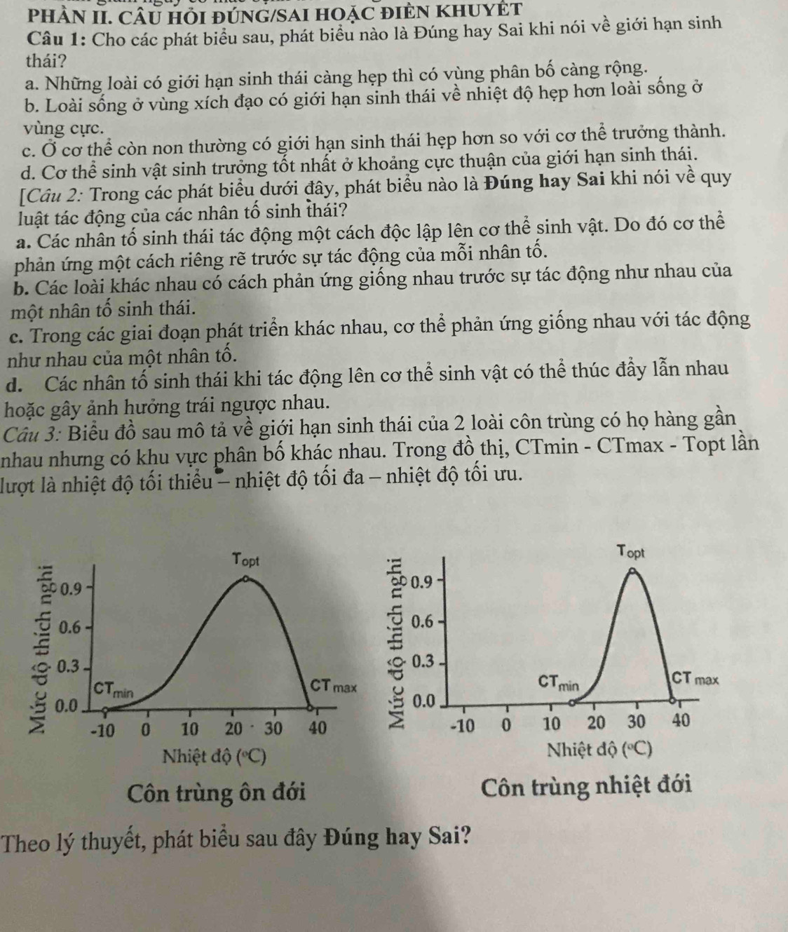 PHÀN II. CÂU HỏI đÚNG/SAI HOẠC ĐIÊN KHUYÉT
Câu 1: Cho các phát biểu sau, phát biểu nào là Đúng hay Sai khi nói về giới hạn sinh
thái?
a. Những loài có giới hạn sinh thái càng hẹp thì có vùng phân bố càng rộng.
b. Loài sống ở vùng xích đạo có giới hạn sinh thái về nhiệt độ hẹp hơn loài sống ở
vùng cực.
c. Ở cơ thể còn non thường có giới hạn sinh thái hẹp hơn so với cơ thể trưởng thành.
d. Cơ thể sinh vật sinh trưởng tốt nhất ở khoảng cực thuận của giới hạn sinh thái.
[Cầu 2: Trong các phát biểu dưới đây, phát biểu nào là Đúng hay Sai khi nói về quy
luật tác động của các nhân tố sinh thái?
a. Các nhân tổ sinh thái tác động một cách độc lập lên cơ thể sinh vật. Do đó cơ thể
phản ứng một cách riêng rẽ trước sự tác động của mỗi nhân tố.
b. Các loài khác nhau có cách phản ứng giống nhau trước sự tác động như nhau của
một nhân tố sinh thái.
c. Trong các giai đoạn phát triển khác nhau, cơ thể phản ứng giống nhau với tác động
như nhau của một nhân tố.
d. Các nhân tố sinh thái khi tác động lên cơ thể sinh vật có thể thúc đầy lẫn nhau
hoặc gây ảnh hưởng trái ngược nhau.
Câu 3: Biểu đồ sau mô tả về giới hạn sinh thái của 2 loài côn trùng có họ hàng gần
nhau nhưng có khu vực phân bố khác nhau. Trong đồ thị, CTmin - CTmax - Topt lần
lượt là nhiệt độ tối thiểu - nhiệt độ tối đa - nhiệt độ tối ưu.
Côn trùng ôn đới Côn trùng nhiệt đới
Theo lý thuyết, phát biểu sau đây Đúng hay Sai?