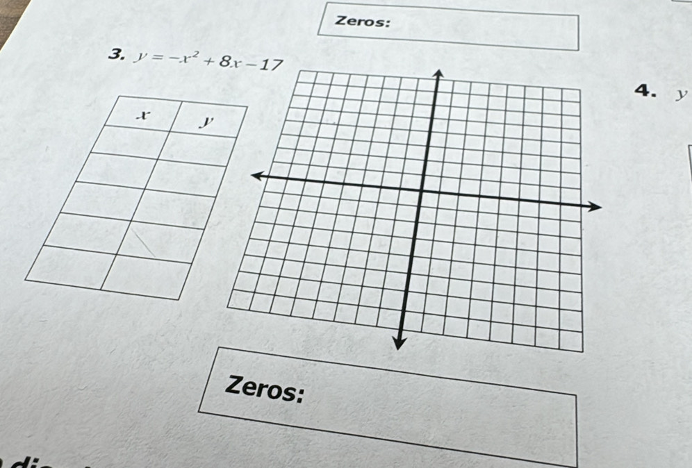 Zeros: 
3. y=-x^2+8x-17 4. ₹y 
Zeros: