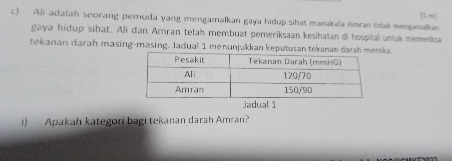 [1 m] 
c) Ali adalah seorang pemuda yang mengamalkan gaya hidup sihat manakala Amran tidak mengamalkan 
gaya hidup sihat. Ali dan Amran telah membuat pemeriksaan kesihatan di hospital untuk memeriksa 
tekanan darah masing-masing. Jadual 1 menunjukkan keputusan tekanan darah mka. 
Jadual 1 
i) Apakah kategori bagi tekanan darah Amran?