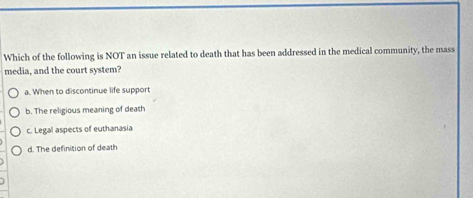 Which of the following is NOT an issue related to death that has been addressed in the medical community, the mass
media, and the court system?
a. When to discontinue life support
b. The religious meaning of death
c. Legal aspects of euthanasia
d. The definition of death