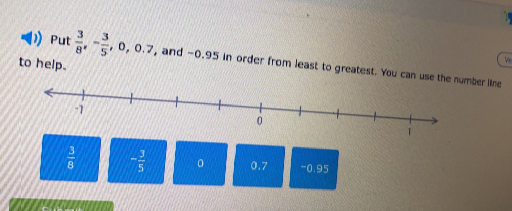 Put  3/8 , - 3/5 , 0, 0.7 , and -0.95 in order from least to greatest. You can use the number line
to help.
Ve
 3/8  - 3/5  0 0.7 -0.95