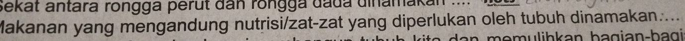 šekat antara rongga perut đân rongga đada dinamakan 
Makanan yang mengandung nutrisi/zat-zat yang diperlukan oleh tubuh dinamakan.... 
məmulihkan bagian-bagi