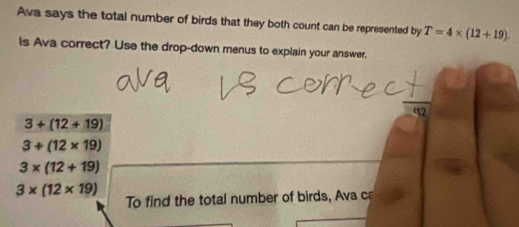 Ava says the total number of birds that they both count can be represented by T=4* (12+19). 
Is Ava correct? Use the drop-down menus to explain your answer.
42
3+(12+19)
3/ (12* 19)
3* (12+19)
3* (12* 19)
To find the total number of birds, Ava ca