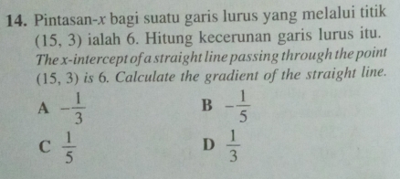 Pintasan- x bagi suatu garis lurus yang melalui titik
(15,3) ialah 6. Hitung kecerunan garis lurus itu.
The x-intercept of a straight line passing through the point
(15,3) is 6. Calculate the gradient of the straight line.
A - 1/3 
B - 1/5 
C  1/5 
D  1/3 