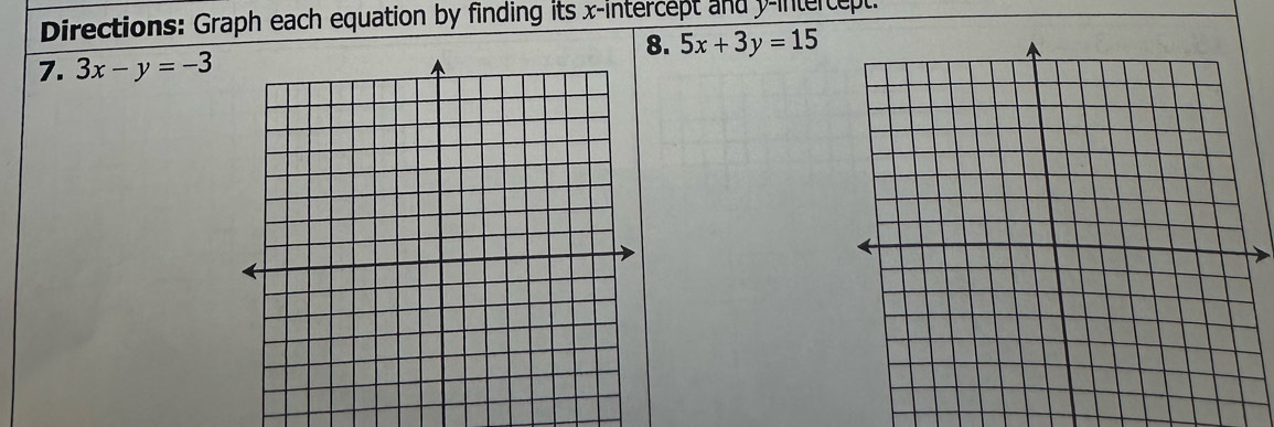 Directions: Graph each equation by finding its x-intercept and y-intercept.
8. 5x+3y=15
7. 3x-y=-3