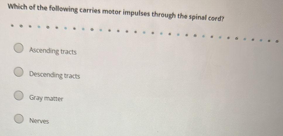 Which of the following carries motor impulses through the spinal cord?
Ascending tracts
Descending tracts
Gray matter
Nerves