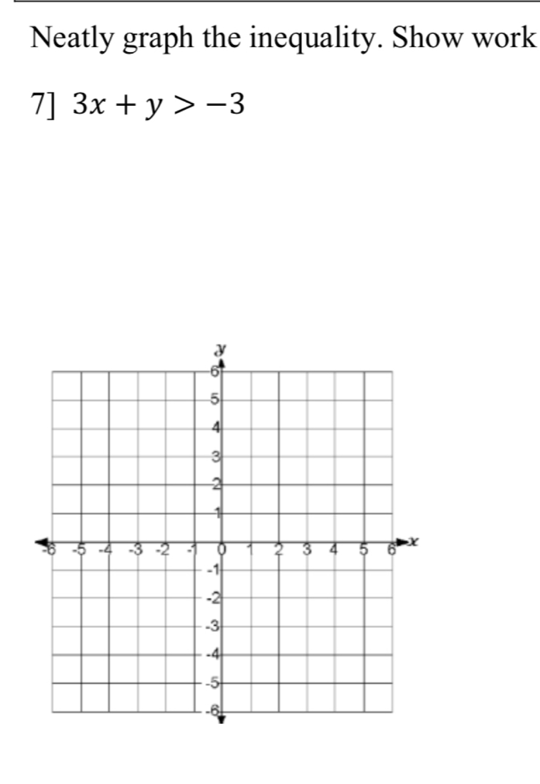 Neatly graph the inequality. Show work 
7] 3x+y>-3