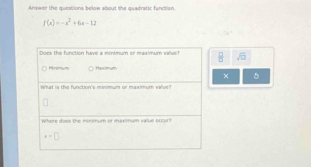 Answer the questions below about the quadratic function.
f(x)=-x^2+6x-12
 □ /□   sqrt(□ )
× 5