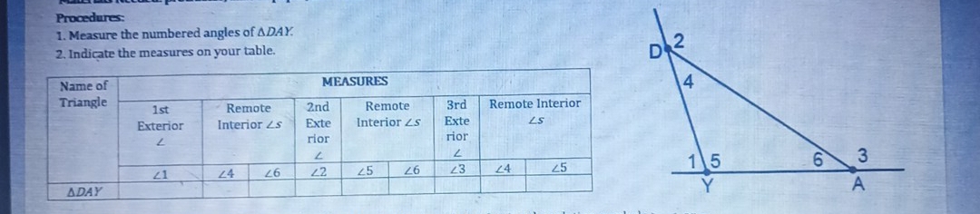 Procedures:
1. Measure the numbered angles of △ DA
2. Indicate the measures on your table.