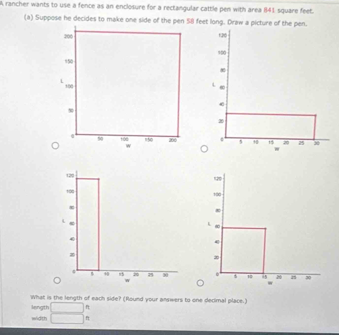 A rancher wants to use a fence as an enclosure for a rectangular cattle pen with area 841 square feet. 
(a) Suppose he decides to make one side of the pen 58 feet long. Draw a picture of the pen.
120
100
80
60
2
0 5 10 15 20 25 30
w

What is the length of each side? (Round your answers to one decimal place.) 
length □ 
width □ f