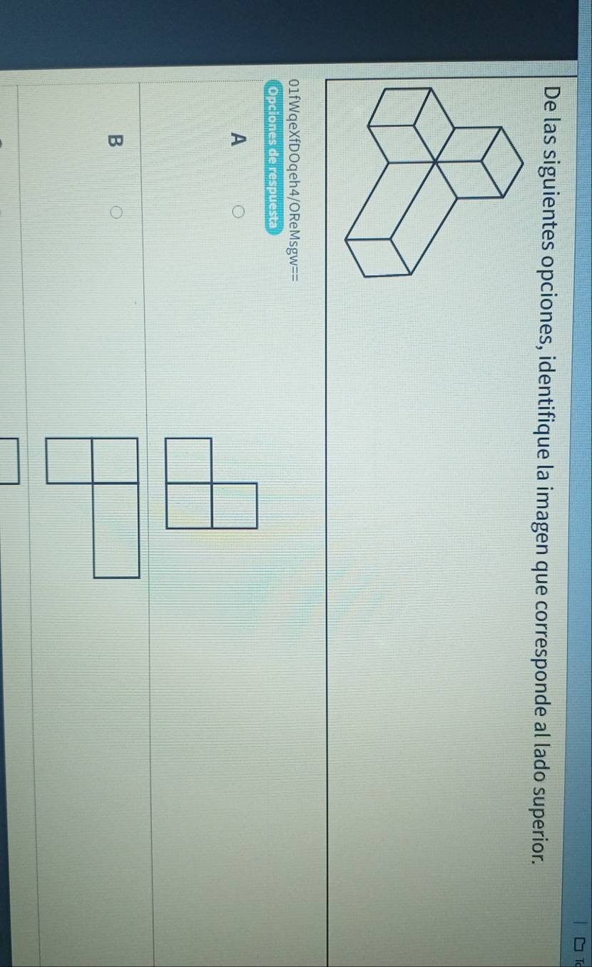 De las siguientes opciones, identifique la imagen que corresponde al lado superior.
01fWqeXfDOqeh4/OReMsgw==
Opciones de respuesta
A
B