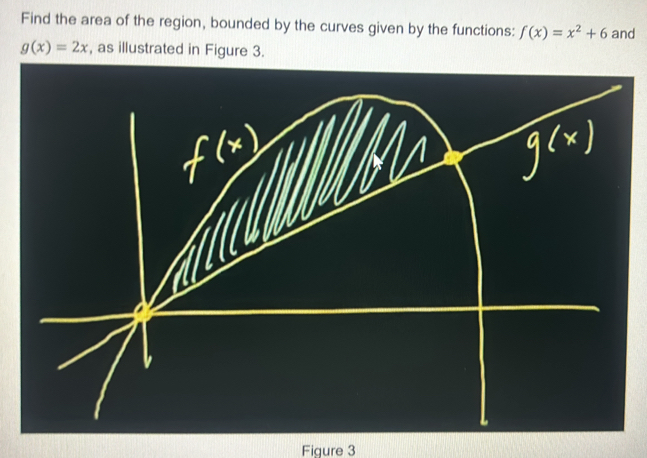 Find the area of the region, bounded by the curves given by the functions: f(x)=x^2+6 and
g(x)=2x , as illustrated in Figure 3.
Figure 3