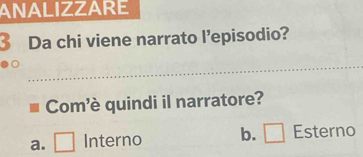 ANALIZZARE
3 Da chi viene narrato l'episodio?
Com'è quindi il narratore?
a. □ Interno b. □ Esterno