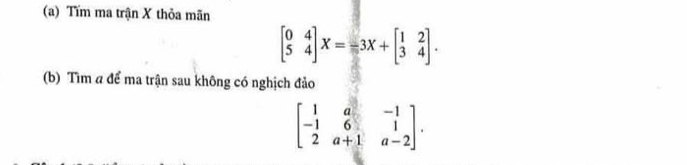 Tim ma trận X thỏa mãn
beginbmatrix 0&4 5&4endbmatrix X=-3X+beginbmatrix 1&2 3&4endbmatrix. 
(b) Tìm a để ma trận sau không có nghịch đảo
beginbmatrix 1&a&-1 -1&6&1 2&a+1&a-2endbmatrix.