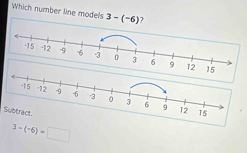 Which number line models 3-(-6) ?
3-(-6)=□