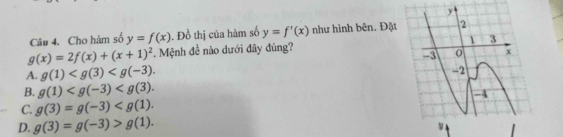 Cho hàm số y=f(x). Đồ thị của hàm số y=f'(x) như hình bên. Đặt
g(x)=2f(x)+(x+1)^2 * Mệnh đề nào dưới đây đúng?
A. g(1) .
B. g(1) .
C. g(3)=g(-3) .
D. g(3)=g(-3)>g(1).