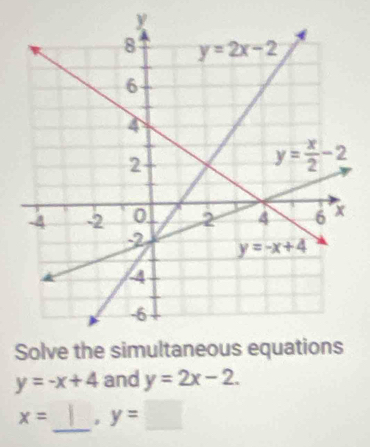 y=-x+4 and y=2x-2.
x= _ . y=□