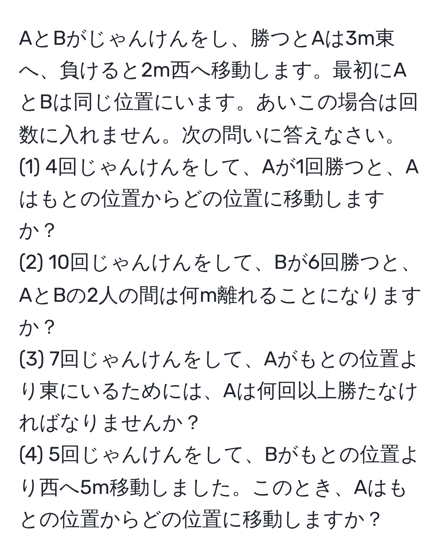 AとBがじゃんけんをし、勝つとAは3m東へ、負けると2m西へ移動します。最初にAとBは同じ位置にいます。あいこの場合は回数に入れません。次の問いに答えなさい。  
(1) 4回じゃんけんをして、Aが1回勝つと、Aはもとの位置からどの位置に移動しますか？  
(2) 10回じゃんけんをして、Bが6回勝つと、AとBの2人の間は何m離れることになりますか？  
(3) 7回じゃんけんをして、Aがもとの位置より東にいるためには、Aは何回以上勝たなければなりませんか？  
(4) 5回じゃんけんをして、Bがもとの位置より西へ5m移動しました。このとき、Aはもとの位置からどの位置に移動しますか？