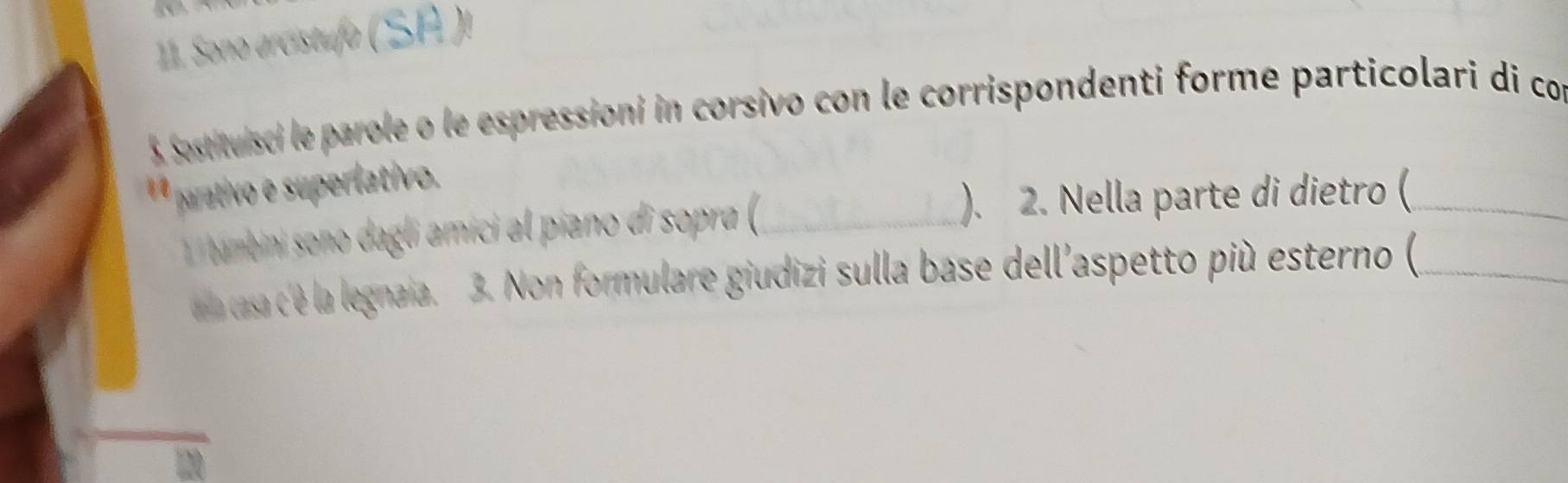 Sono arcístufa (SA )! 
& Sostituisci le parole o le espressioni in corsivo con le corrispondenti forme particolari di co 
** parativo e superlativo. 
bambini sono dagli amici al piano di sopra (_ 
). 2. Nella parte di dietro (_ 
dea casa c'é la legnaia. 3. Non formulare giudizi sulla base dell'aspetto più esterno (_