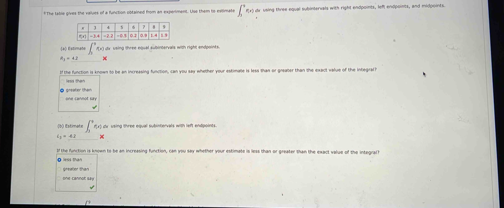 The table gives the values of a function obtained from an experiment. Use them to estimate ∈t _3^(9f(x)dx using three equal subintervals with right endpoints, left endpoints, and midpoints.
() stimate ∈t _3^9f(x)dx dx using three equal subintervals with right endpoints.
R_3)=4.2 ×
If the function is known to be an increasing function, can you say whether your estimate is less than or greater than the exact value of the integral?
less than
greater than
one cannot say
(b) Estimate ∈t _3^(9f(x)dx using three equal subintervals with left endpoints.
L_3)=-6.2 ×
If the function is known to be an increasing function, can you say whether your estimate is less than or greater than the exact value of the integral?
less than
greater than
one cannot say
19