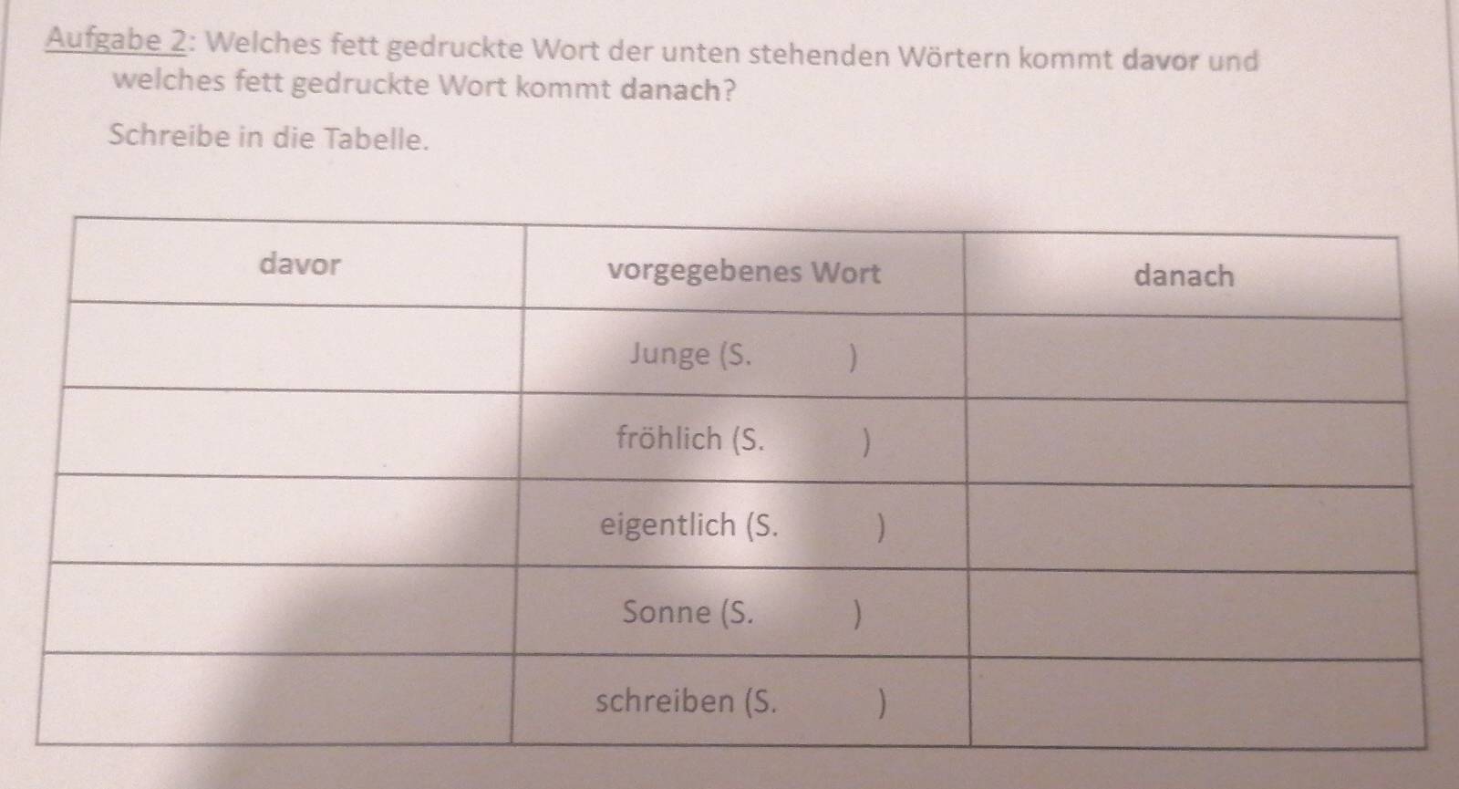 Aufgabe 2: Welches fett gedruckte Wort der unten stehenden Wörtern kommt davor und 
welches fett gedruckte Wort kommt danach? 
Schreibe in die Tabelle.