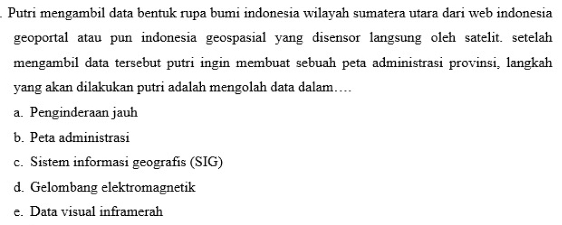 Putri mengambil data bentuk rupa bumi indonesia wilayah sumatera utara dari web indonesia
geoportal atau pun indonesia geospasial yang disensor langsung oleh satelit. setelah
mengambil data tersebut putri ingin membuat sebuah peta administrasi provinsi, langkah
yang akan dilakukan putri adalah mengolah data dalam….
a. Penginderaan jauh
b. Peta administrasi
c. Sistem informasi geografis (SIG)
d. Gelombang elektromagnetik
e. Data visual inframerah