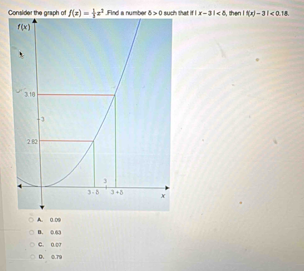 Csuch that if | x-3| , then |f(x)-3|<0.18.
A. 0.09
B. 0.63
C. 0.07
D. 0.79