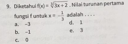 Diketahui f(x)=sqrt[3](3x+2). Nilai turunan pertama
fungsi f untuk x=- 1/3  adalah . . . .
a. -3 d. 1
b. -1 e. 3
c. 0