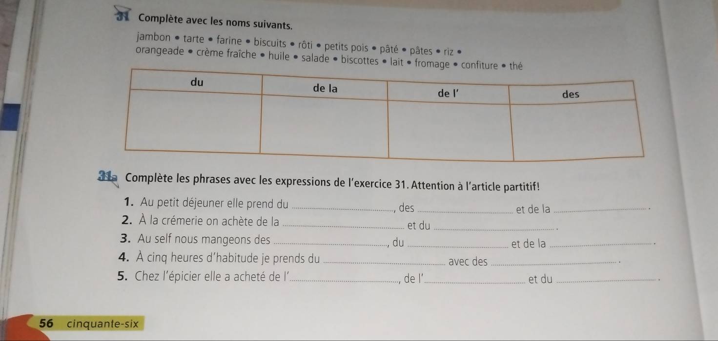 Complète avec les noms suivants. 
jambon ● tarte ● farine ● biscuits ● rôti ● petits pois ● pâté ● pâtes • riz ● 
orangeade - crème fraîche • huile • salade • biscot 
1 a Complète les phrases avec les expressions de l'exercice 31. Attention à l'article partitif! 
1. Au petit déjeuner elle prend du_ 
, des_ et de la_ 
2. À la crémerie on achète de la _et du_ 
3. Au self nous mangeons des _du _et de la_ 
. 
4. À cinq heures d’habitude je prends du _avec des_ 
5. Chez l'épicier elle a acheté de l _, de l'_ et du_ 
56 cinquante-six