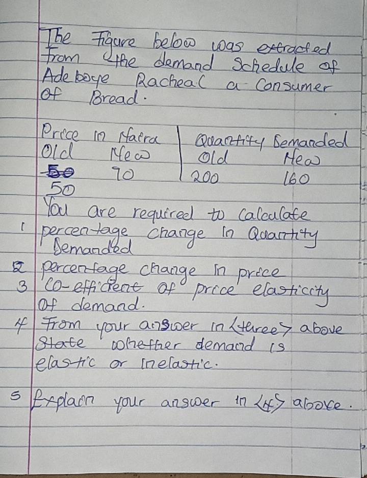 The Iigure below was extracted 
from lthe demand Schedule of 
Ade boye Racheal a Consumer 
of Bread. 
Price in ffaera Qdanfity bemanded 
Old Kea old Hear
10 200 160
50
You are required to calealate 
percentage change in Quartity 
Semanded 
percenfage change in price 
3 C0-efficent of price elasticity 
Of demand. 
If From your answer in Htereey above 
sate whether demand is 
elastic or inelastic. 
s leplain your answer in L9 aboce.