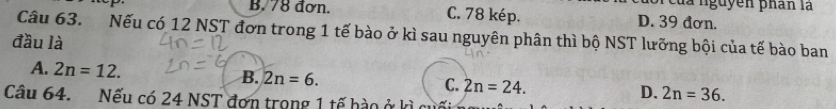 Của nguyễn phân là
B78 đơn. C. 78 kép. D. 39 đơn.
Câu 63. Nếu có 12 NST đơn trong 1 tế bào ở kì sau nguyên phân thì bộ NST lưỡng bội của tế bào ban
đầu là
A. 2n=12. B. 2n=6. C. 2n=24. D. 2n=36. 
Câu 64. Nếu có 24 NST đơn trong 1 tế hào ở kì cư