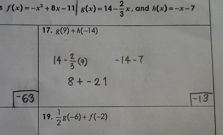 f(x)=-x^2+8x-11|g(x)=14- 2/3 x , and h(x)=-x-7