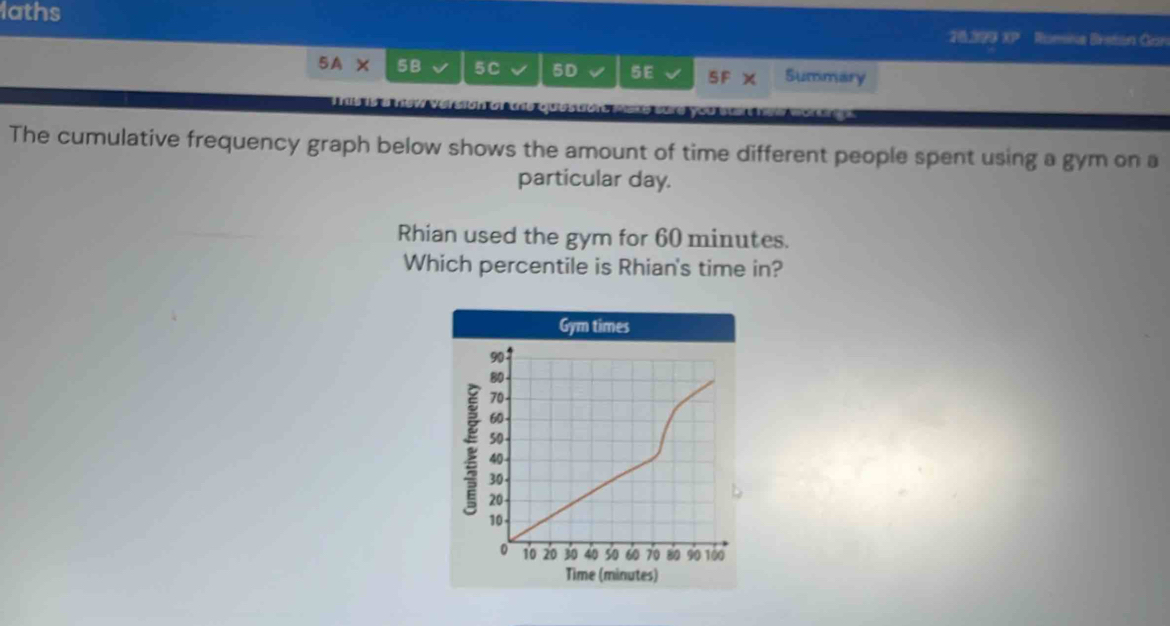 laths 
20,399 XP Romna Bretan Gon
5A* 5B 5C 5D 5 E Summary 
This is a new version of the qui 
The cumulative frequency graph below shows the amount of time different people spent using a gym on a 
particular day. 
Rhian used the gym for 60 minutes. 
Which percentile is Rhian's time in? 
Gym times
90
80
70
60
50
40
30
20
10
0 10 20 30 40 so 60 70 8 90 100
Time (minutes)