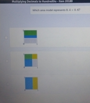 Multiplying Decimals to Hundredths - Item 20189 
Which area model represents 0.4* 0.6